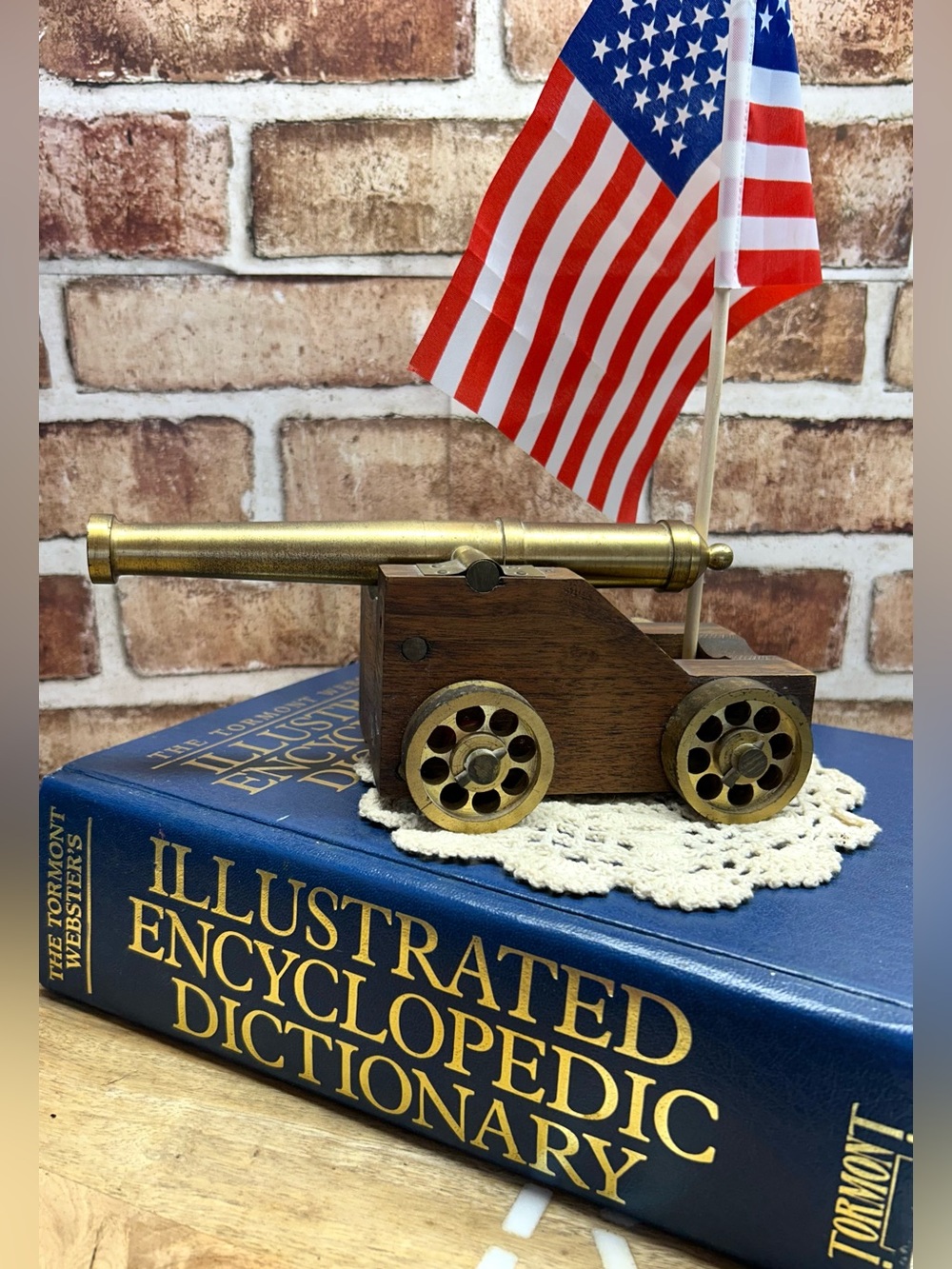 Miniature Vintage Desktop brass Cannon on Mahogany base